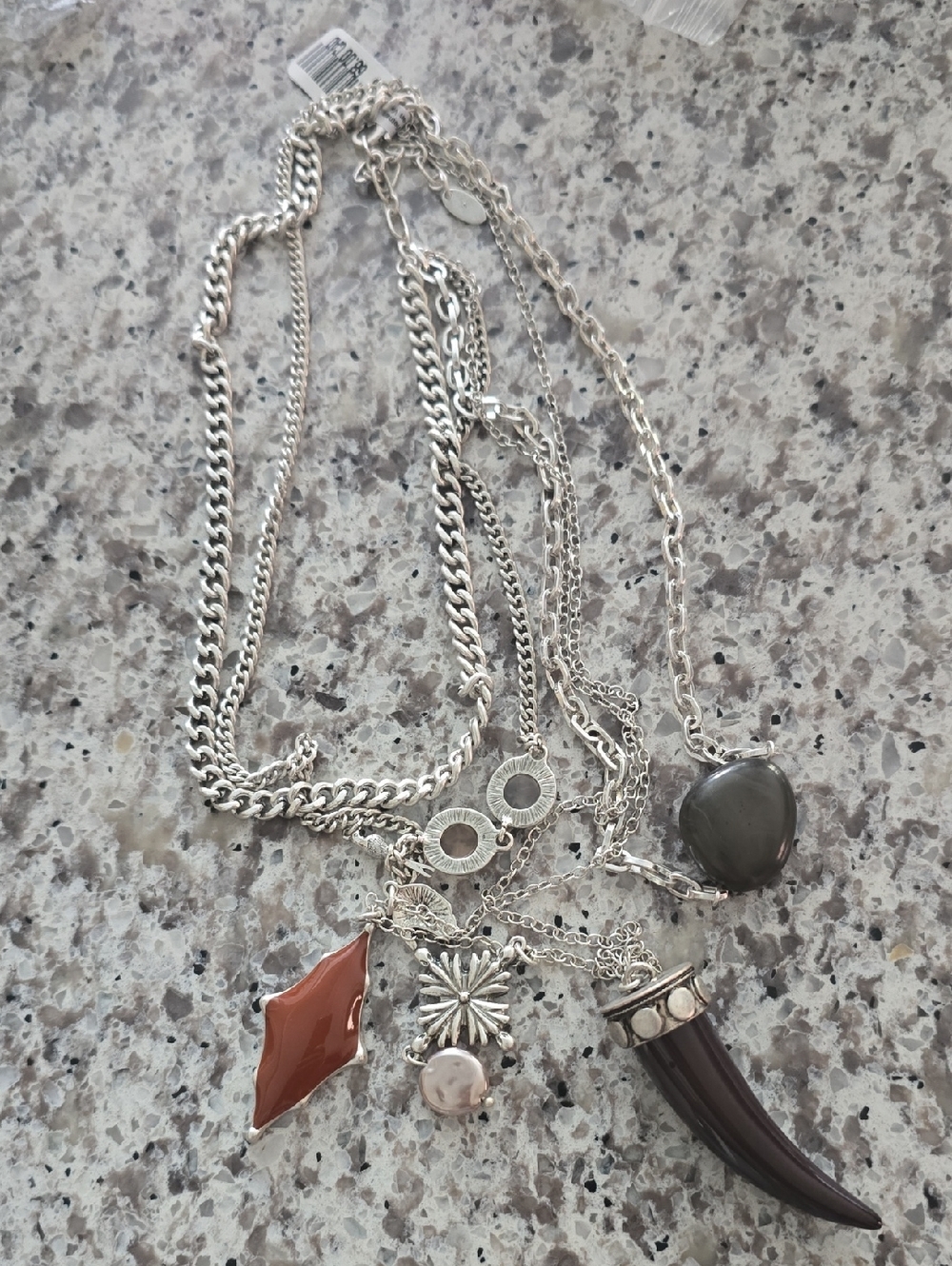 Silver Multi-Charm Layered Necklace with Coral and Black Accents
